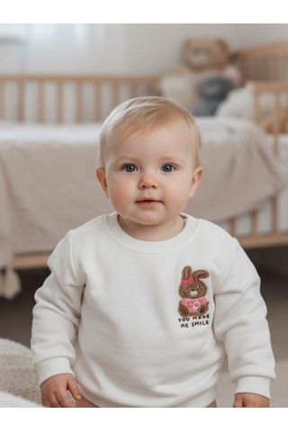 Zekids Kız Bebek Pamuklu Punch Tavşan Nakışlı Sweatshirt-16336 Beyaz