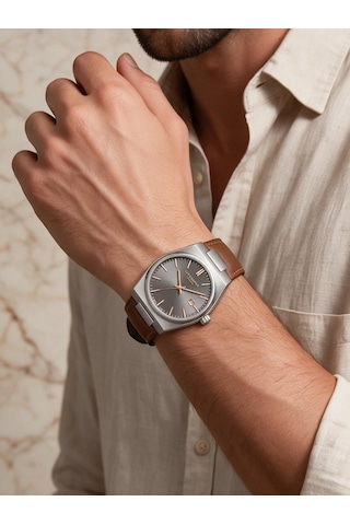 Lee Cooper Taba Deri Kayış Füme Kadran 40 Mm Yuvarlak Erkek Kol Saati, Bileklik Hediyeli Gümüş