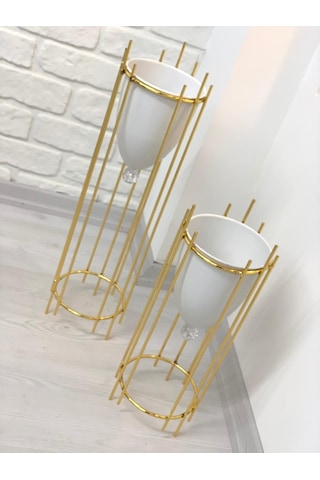 Altın Renk 2'Li Metal Ayaklı Saksı Çiçeklik (468977453)