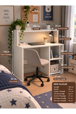 %100 Mdf Çalışma Masası Kitaplıklı Raflı Bilgisayar Ve Ders Çalışma Masası 100 Cm Beyaz