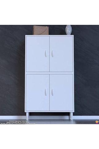 Efna Ayakkabılık - Kapaklı 4 Raf 6 Bölmeli Dar Alanlar İçin Çok Amaçlı Dolap 80 Cm Genişlik Beyaz