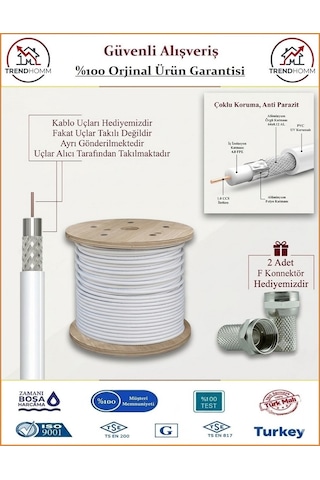 Trendhomm Anten Uydu Kablosu + 2 Adet F Konnektör - Rg6 - 30 Metre