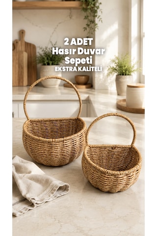 2 Adet Hasır Duvar Sepeti - Bir Tarafı Düz Hasır Rattan Duvar Saksısı - Yüksek Kaliteli Çelik Hasır - Tutma Sapı Ve Duvar Aparatı