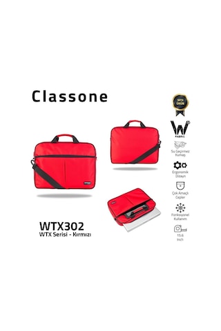Classone Wtx302 Wtxpro Serisi 15.6 İnch Su Geçirmez Kumaş Apple Uyumlu MacBook , Laptop , Notebook El Çantası- Kırmızı