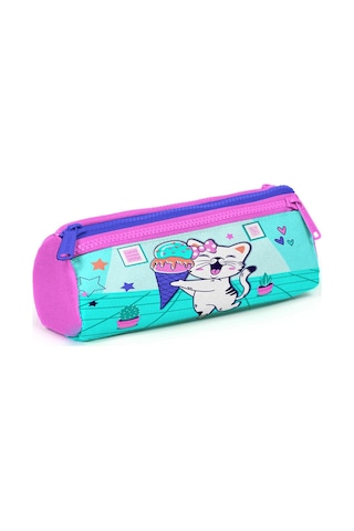 Coral High Kids Turkuaz Pembe Dondurmalı Kedi Desenli Üç Bölmeli Kalem Çantası 22051