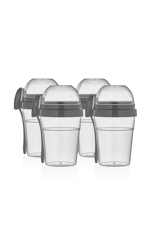 4 Adet Taşınabilir Kaşıklı Yoğurt Kabı 600 Ml + 200 Ml Saklama Haznesi Taşınabilir Beslenme Kabı Şeffaf