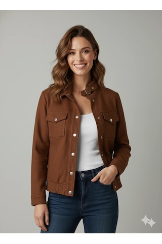 Kadın Taba Zarif Kısa Ceket Toka Detaylı Dik Yaka Cepli Süet/kaşe Baharlık Ceket Kahve
