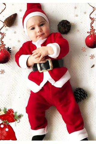 Royaleks Erkek Çocuk Noel Baba Yılbaşı Kostümü Şapkalı Kemerli Bebek Kostümü Kırmızı
