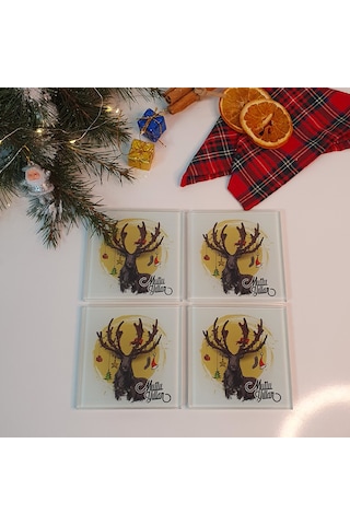 Decorita Cam Bardak Altlığı Mutlu Yıllar Geyik 4'lü Takım 10 x 10 CM Çok Renkli