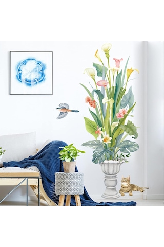 Çiçek Vazo Kedi Pvc Duvar Sticker Kendinden Yapışkanlı Ev Oturma Odası Dekorasyon Sticker Çıkarılabilir 62 115 Cm Şeffaf