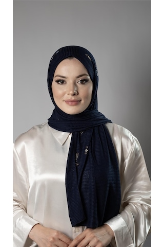 Hürrem Bone Lacivert Pratik Hazır Geçmeli Tesettür Şal Örme Kumaş Taşlı Çiçek Desenli 2118c 02