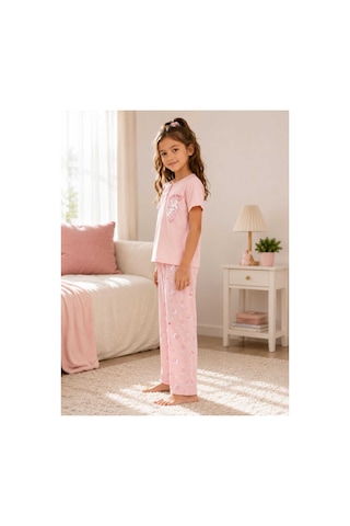 Pijamask Kız Çocuk Baskılı Pamuklu Kısa Kollu Yazlık Pijama Takımı Pembe
