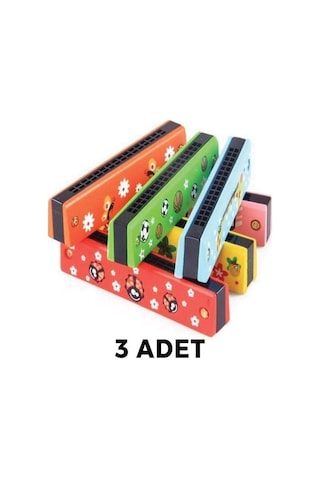 Ahşap Mızıka Renkli Desenli Çocuk Mızıka Renkli Mızıka 16 Delikli Çift Sıralı Mızıka 3 Adet