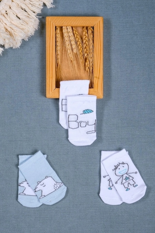 Cocole Socks Erkek Bebek Soket Çorabı 3 Lü Set Pamuklu Mavi Ayıcık & Çocuk Figür Desenli Çok Renkli