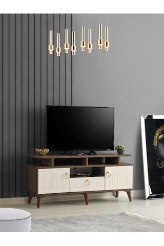 110 CM MDF MEBRAN KAPAK RAFLI TV SEHPASI BAROK CEVİZ - KREM