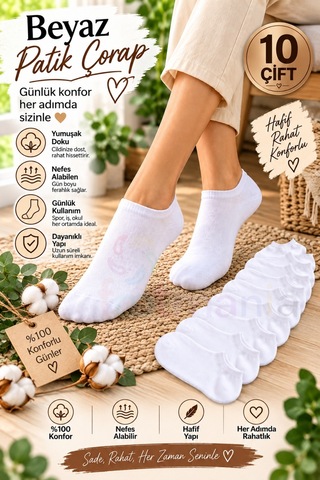 Footmania Kadın 10 Çift Beyaz Patik Çorap Seti Pamuklu