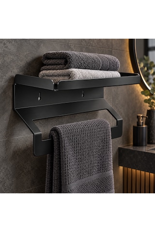 Metal Raflı Havluluk 40 Cm Duvar Tipi Havlu Askısı Siyah