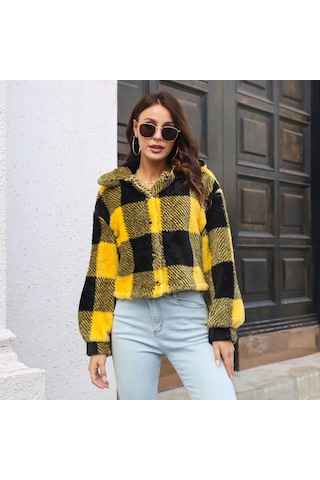 Sonbahar Ve Kış Kadın Ceketi Ceket Ekose Çift Taraflı Kadife Ceket Fener Kol Gevşek Uzun Kollu Kısa Ceket Sarı