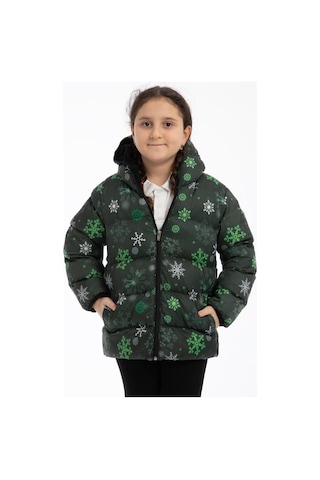 Spor Kız Çocuk Dijital Desen Polar Su Ve Rüzgar Geçirmez Kapüşonlu Şişme Kışlık Mont-199 YESIL