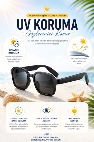 Akıllı Güneş Gözlüğü Yapay Zeka Sesli Asistan Uv400 Koruma Su Geçirmez Siyah