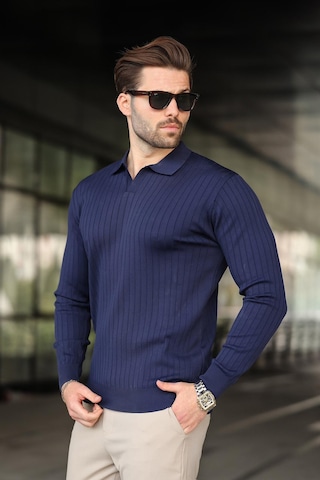 Madmext Lacivert Polo Yaka Çizgili Uzun Kollu Kazak 7239 Lacivert