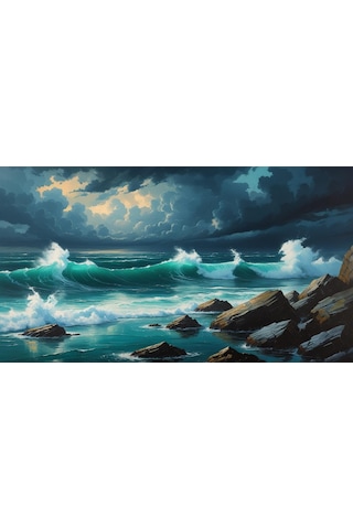 Doğa Ve Manzara Yatay Kayalara Çarpan Güçlü Okyanus Dalgaları, Dramatik Gökyüzü 01 Çerçevesiz 90x60cm Pvc Tablo