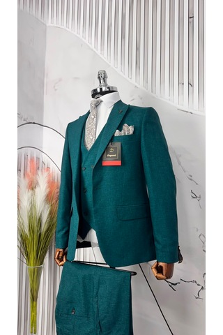 Dupont Classics Dupont Erkek Slim Fit Yelekli Takım Elbise 6 Drop Çift Yırtmaç Koyu Yeşil