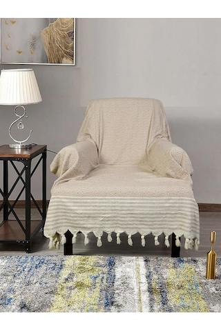 Buldan İşi Pamuklu 2'li Berjer Koltuk Örtüsü Seti 180x150 Cm - Kolları Örten Dokuma Kumaş Vizon Diğer