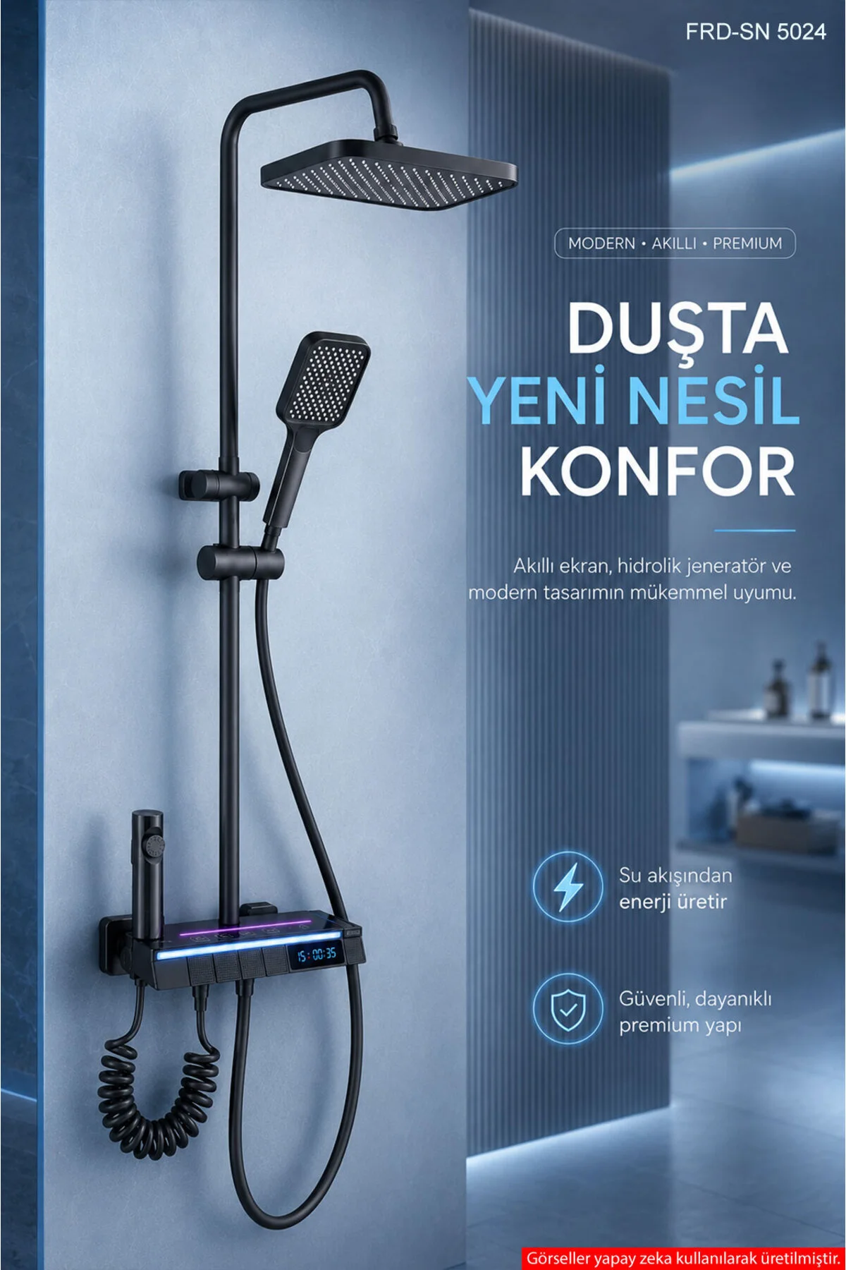 Piyano Tuşlu Dijital Duş Seti Freddo 4 Fonksiyonlu Led Ambiyans Işıklı Termostatik Akıllı Duş Seti, Yağmurlama Tepe Duş + El Duşu + Banyo Bataryası Antrasit Frd-sn 5024 Siyah