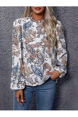 Kadın Uzun Kollu Yarı Balıkçı Yaka Desenli Süprem Bluz Desenli