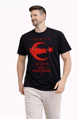Erkek Türkiye Ay Yıldız Baskılı Taraftar Forma T-shirt - Siyah