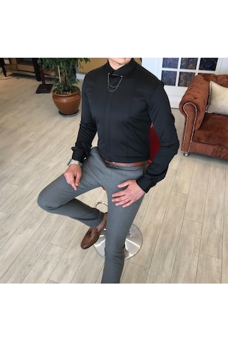Italyan Kesim Slim Fit Erkek Saten Siyah Zincirli Gömlek T4090