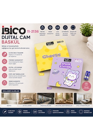 İbico İ11-030 0221a Desenli Renkli Cam Dijital Banyo Baskülü - Lcd Ekran, 180 Kg / 50 Gr, 26x26 Cm