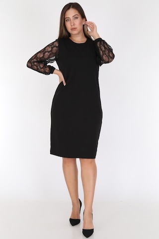 Uzun Kol Dantel Büyük Beden Elbise 21B-0780 Siyah