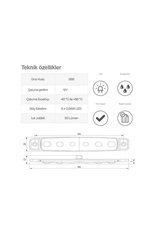 Sanel 12v Universal Parmak 6 Led Basamak Beyaz Sbb12w6