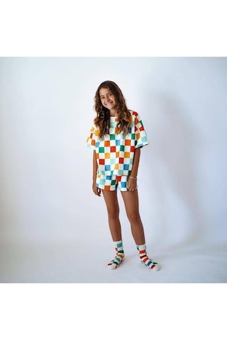 Lolliboomkids Kız Çocuk Damalı Çok Renkli Oversize Kare Desenli Tişört Ve Şort Takımı Çok Renkli