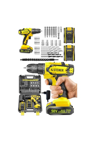 Steiner Kupfer Darbeli 58 V 5 Ah Çift Akülü Vidalama Matkap Sarı + 24 Parça Set