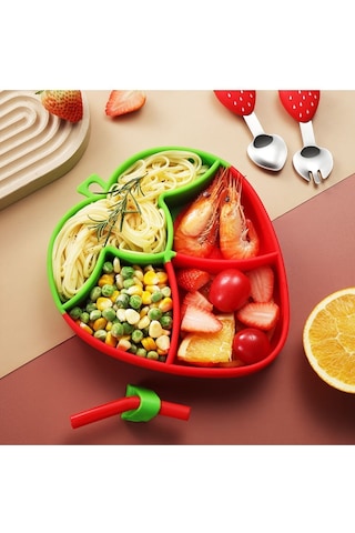 Jojobebek Vakumlu Silikon Mama Tabağı, Silikon Saplı Çelik Uçlu Çatal ve Kaşık ( Çilek Figürlü )