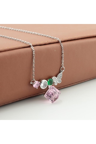 Pigado Paslanmaz Çelik Küp Kristal Taşlı Kelebek Çelik Kolye Gri