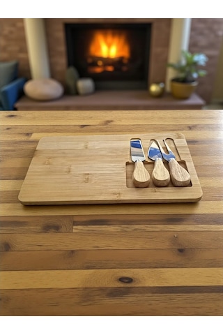 Doğal Bambu Bıçaklı Peynir Servis Sunum Tabağı Kahvaltı Sunum Tahtası Seti 4 Parça 30x17 Cm Kahverengi