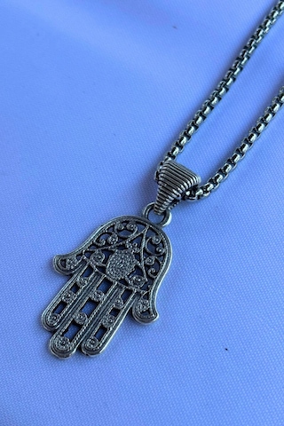 Fatma Ana Eli Desenli El İşçiliği Paslanmaz Çelik Zincir Erkek Kolye Gümüş