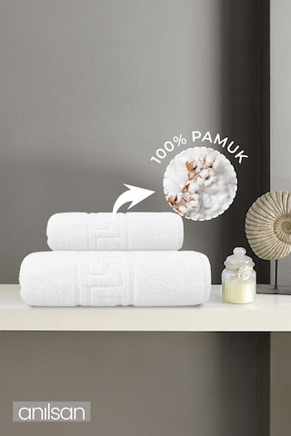 %100 Pamuk 2'li Greek Havlu Seti - 1 Adet El Havlusu Ve 1 Adet Banyo Havlusu Beyaz