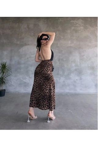 Green'dal Leopar Desenli Maxi Etek İç Göstermez Ve Şık Kahve Leopar