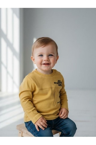 Zekids Erkek Bebek Pamuklu Yazı Detaylı İnce Uzun Kollu T-shirt-16860 Sarı