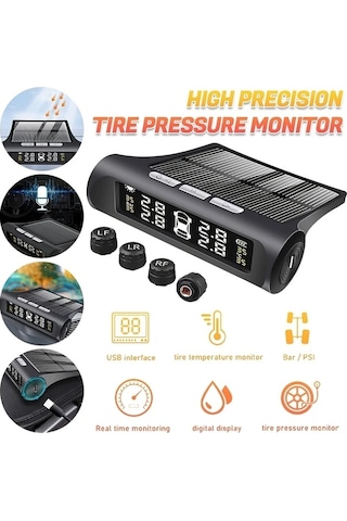 Boatshop1 Kablosuz Güneş Enerjili Tpms Lcd Lastik Basınç İzleme Sistemi 4 Tekerlekli Harici Sensör Otomobil Suv Minibüs