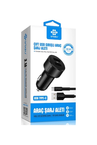Arbaks ARB-605 Pvtrn 3.1A Çift Usb Girişli Type-C Kablolu Araç Şarj Aleti
