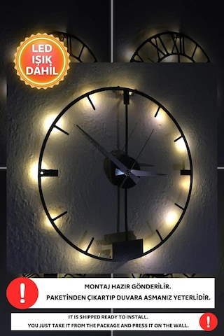 Led Işıklı Modern Duvar Saati Sessiz Dekoratif Modern Siyah Duvar Siyah