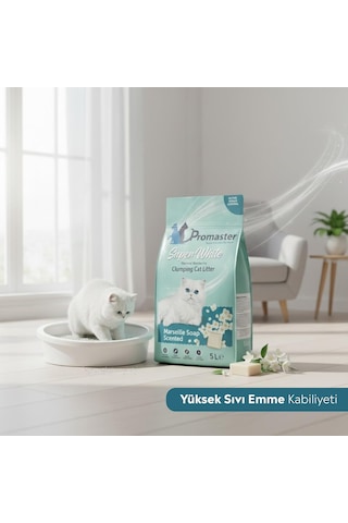Süper Beyaz Doğal Bentonit Topaklanan Kedi Kumu Marsilya Sabunu Kokulu 5 Lt