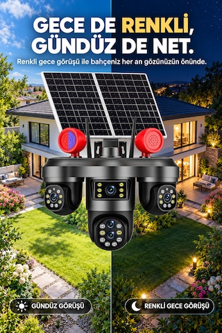 4 Kameralı 3 Motorize Ptz Kamera Wifi Çift Solar Panelli 10x Optik Zoom Uyarı Işıklı Güvenlik Kamerası