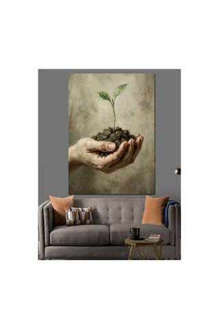 Avuç İçinde Yeşeren Küçük Fidan Yağlı Boya Dokulu Kanvas Tablo Canvas Tablosu